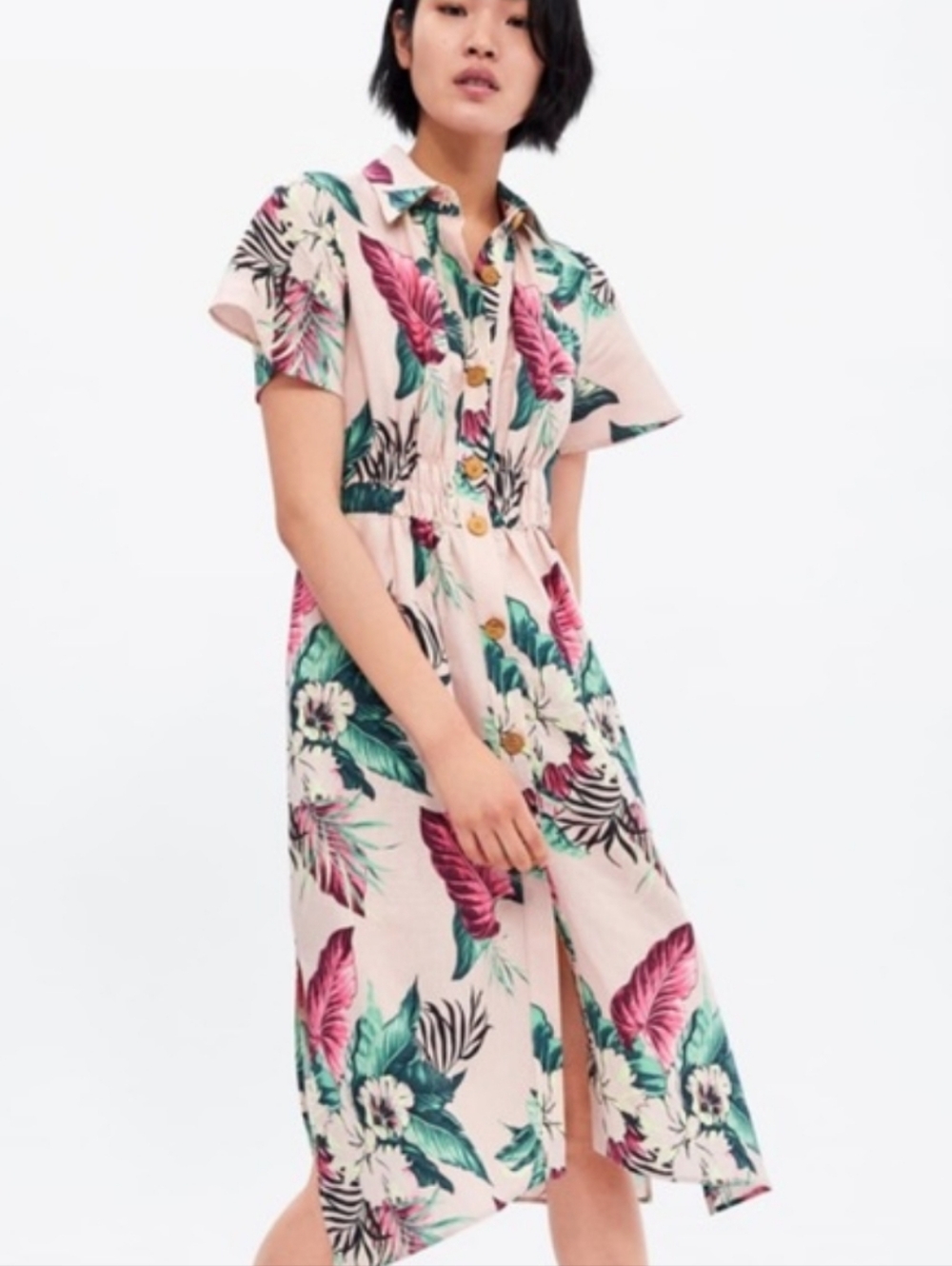 Zara Tropical Floral Midi Shirt Dress - Small